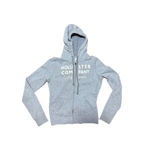 2000s Hollister Light Grey Full Zip Hoodie Womens Medium EUC Embroidered Logo